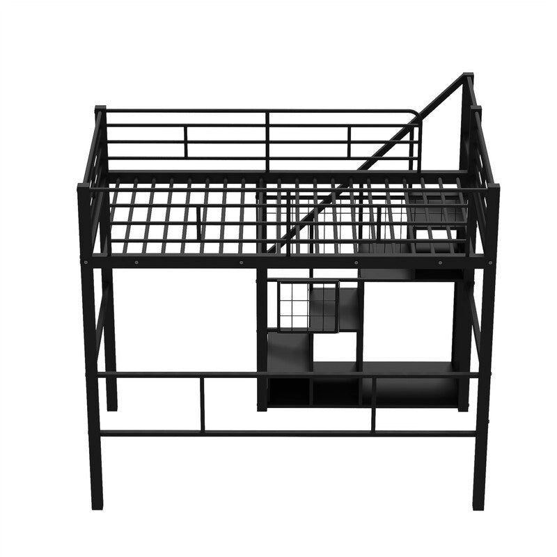 Metal Loft Bed with Storage Staircase and Small Wardrobe, Twin Size Loft Bedframe with Metal Grid and Guardrails for Kids
