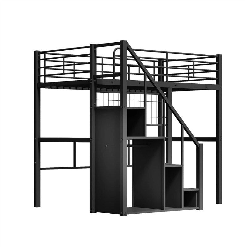 Metal Loft Bed with Storage Staircase and Small Wardrobe, Twin Size Loft Bedframe with Metal Grid and Guardrails for Kids