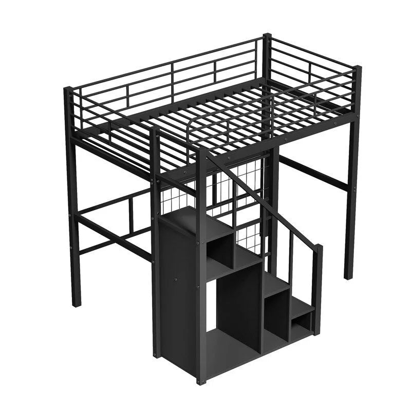 Metal Loft Bed with Storage Staircase and Small Wardrobe, Twin Size Loft Bedframe with Metal Grid and Guardrails for Kids