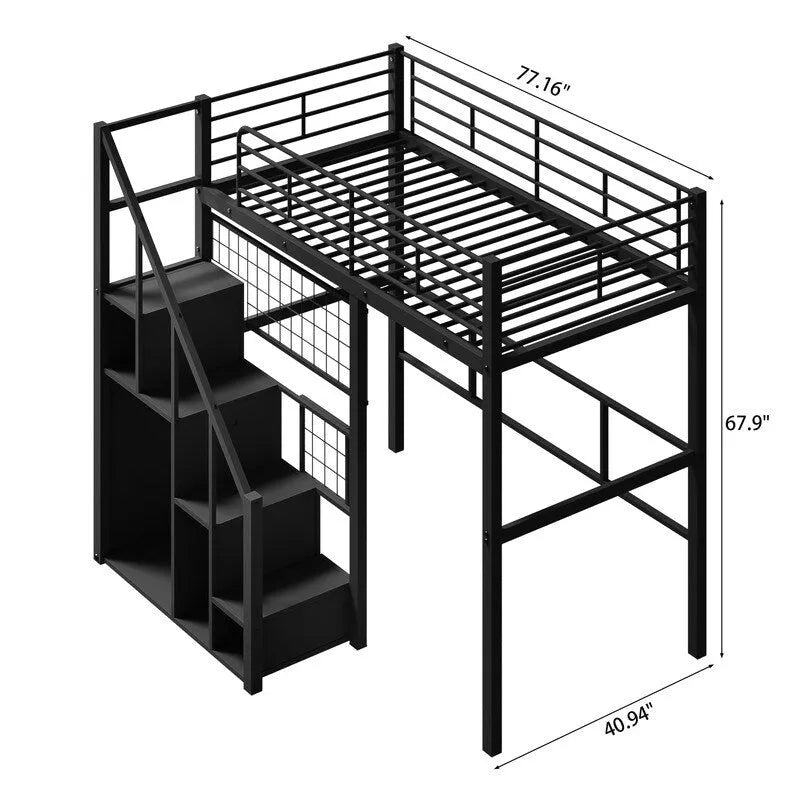 Metal Loft Bed with Storage Staircase and Small Wardrobe, Twin Size Loft Bedframe with Metal Grid and Guardrails for Kids