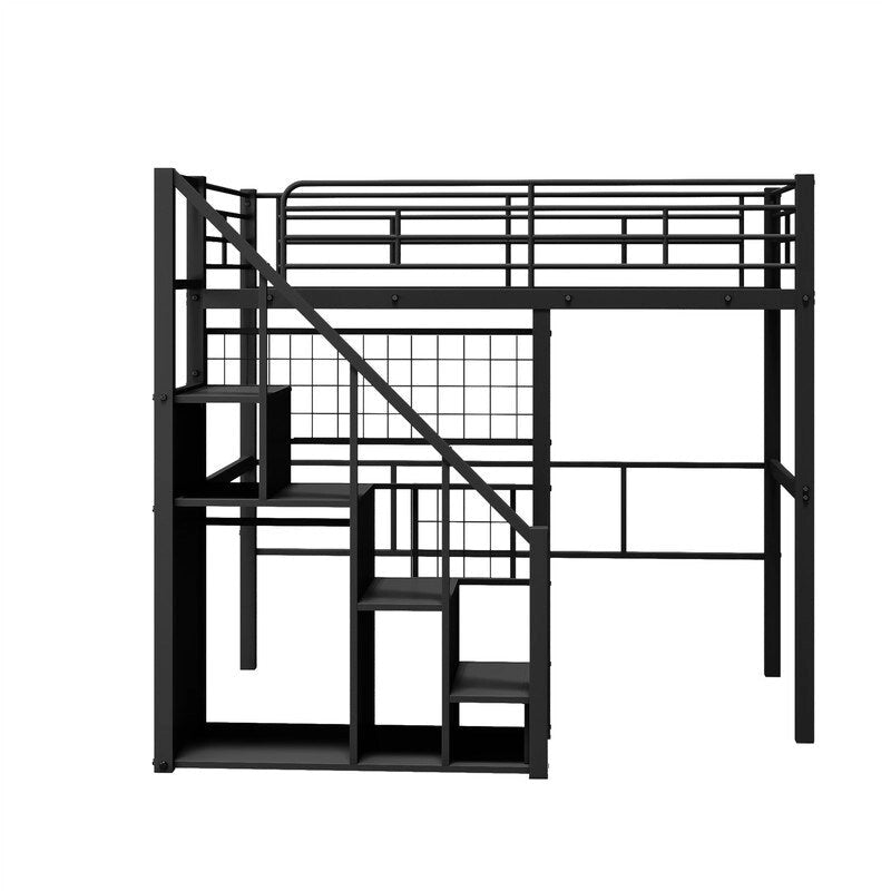 Metal Loft Bed with Storage Staircase and Small Wardrobe, Twin Size Loft Bedframe with Metal Grid and Guardrails for Kids