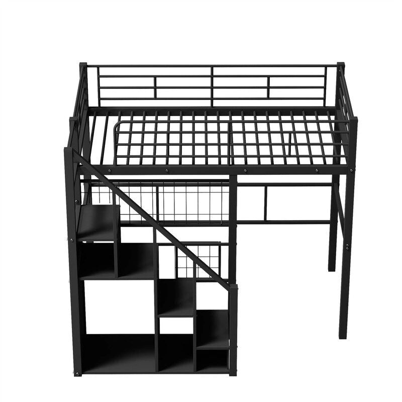 Metal Loft Bed with Storage Staircase and Small Wardrobe, Twin Size Loft Bedframe with Metal Grid and Guardrails for Kids