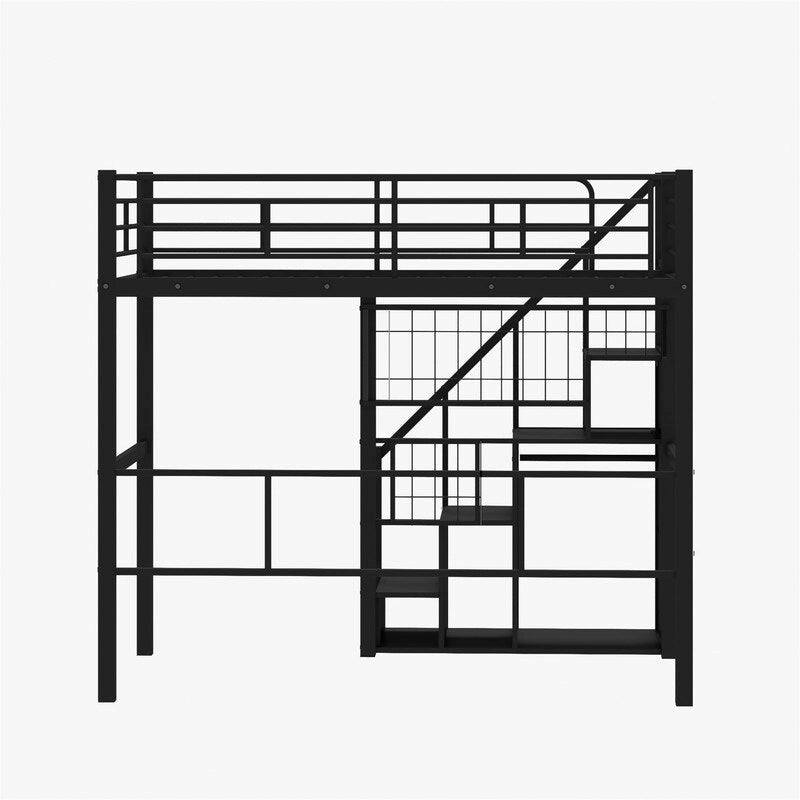 Metal Loft Bed with Storage Staircase and Small Wardrobe, Twin Size Loft Bedframe with Metal Grid and Guardrails for Kids