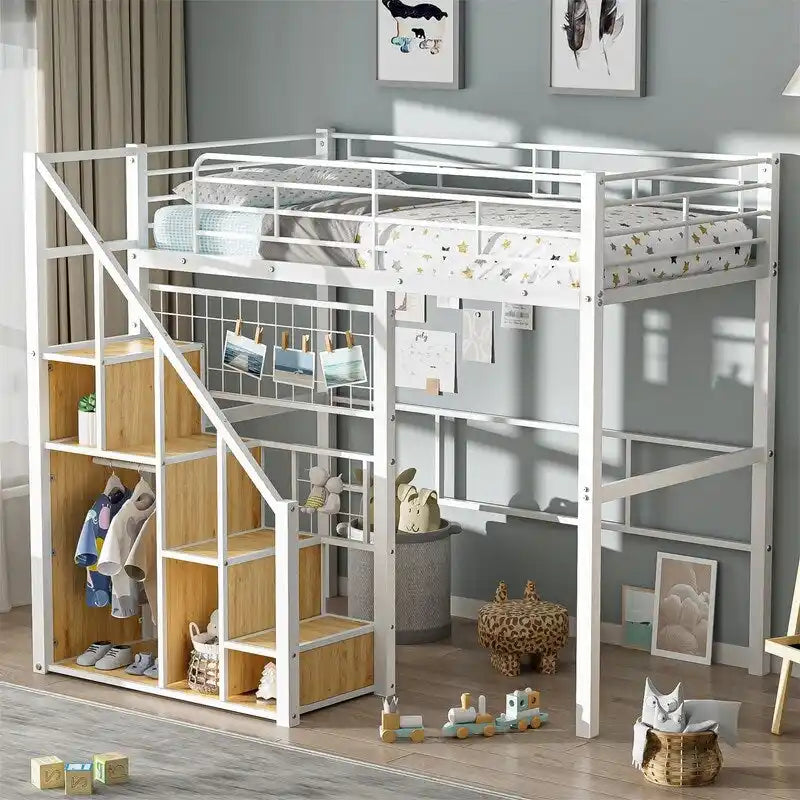 Metal Loft Bed with Storage Staircase and Small Wardrobe, Twin Size Loft Bedframe with Metal Grid and Guardrails for Kids