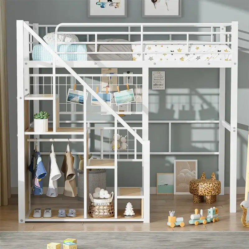 Metal Loft Bed with Storage Staircase and Small Wardrobe, Twin Size Loft Bedframe with Metal Grid and Guardrails for Kids