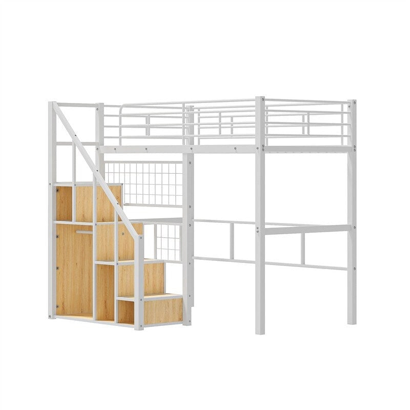 Metal Loft Bed with Storage Staircase and Small Wardrobe, Twin Size Loft Bedframe with Metal Grid and Guardrails for Kids