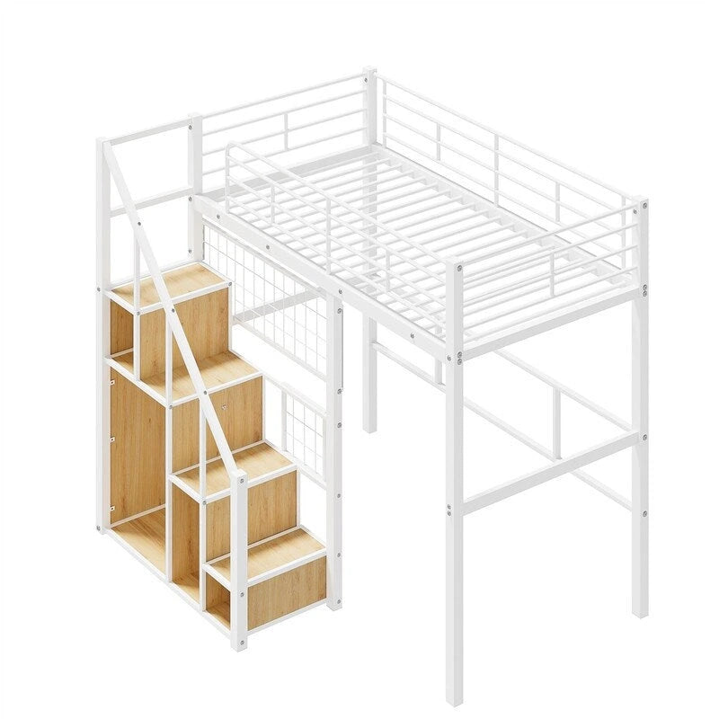 Metal Loft Bed with Storage Staircase and Small Wardrobe, Twin Size Loft Bedframe with Metal Grid and Guardrails for Kids