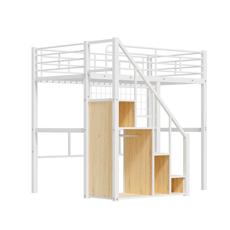 Metal Loft Bed with Storage Staircase and Small Wardrobe, Twin Size Loft Bedframe with Metal Grid and Guardrails for Kids