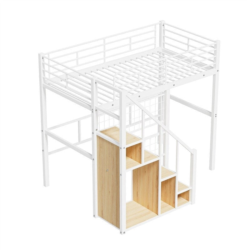 Metal Loft Bed with Storage Staircase and Small Wardrobe, Twin Size Loft Bedframe with Metal Grid and Guardrails for Kids