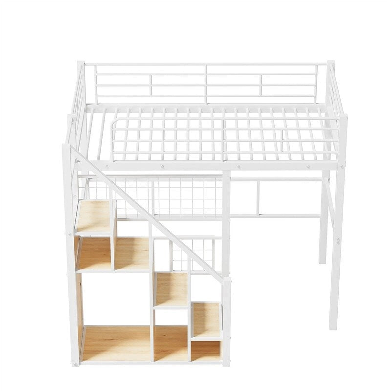 Metal Loft Bed with Storage Staircase and Small Wardrobe, Twin Size Loft Bedframe with Metal Grid and Guardrails for Kids