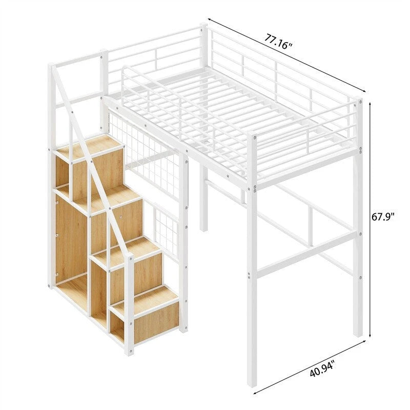 Metal Loft Bed with Storage Staircase and Small Wardrobe, Twin Size Loft Bedframe with Metal Grid and Guardrails for Kids
