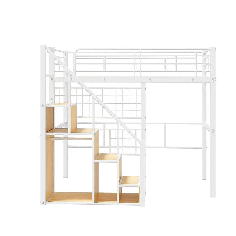 Metal Loft Bed with Storage Staircase and Small Wardrobe, Twin Size Loft Bedframe with Metal Grid and Guardrails for Kids