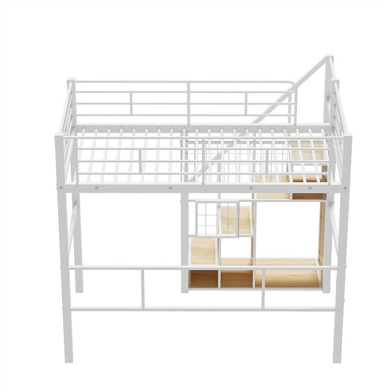 Metal Loft Bed with Storage Staircase and Small Wardrobe, Twin Size Loft Bedframe with Metal Grid and Guardrails for Kids