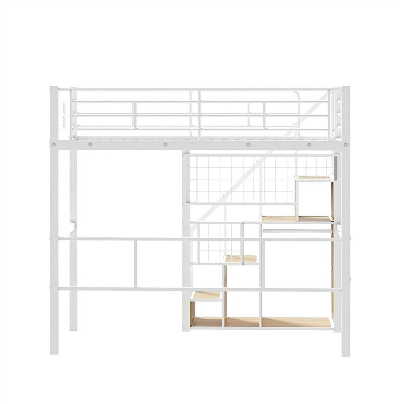 Metal Loft Bed with Storage Staircase and Small Wardrobe, Twin Size Loft Bedframe with Metal Grid and Guardrails for Kids