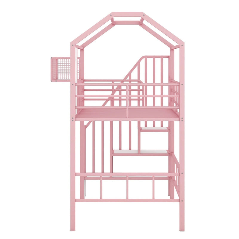 Twin Size Metal Loft Bed w/Roof Design, House Shaped Stairway Bedframe