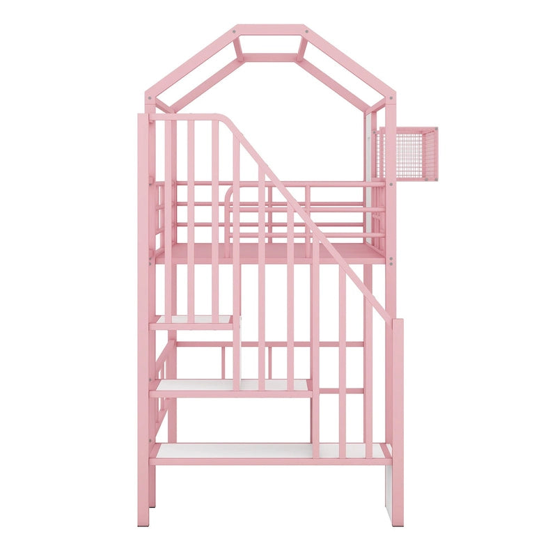 Twin Size Metal Loft Bed w/Roof Design, House Shaped Stairway Bedframe
