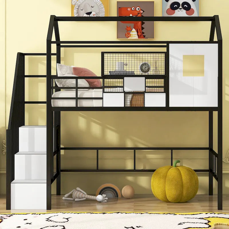Twin Size Metal Loft Bed w/Roof Design, House Shaped Stairway Bedframe