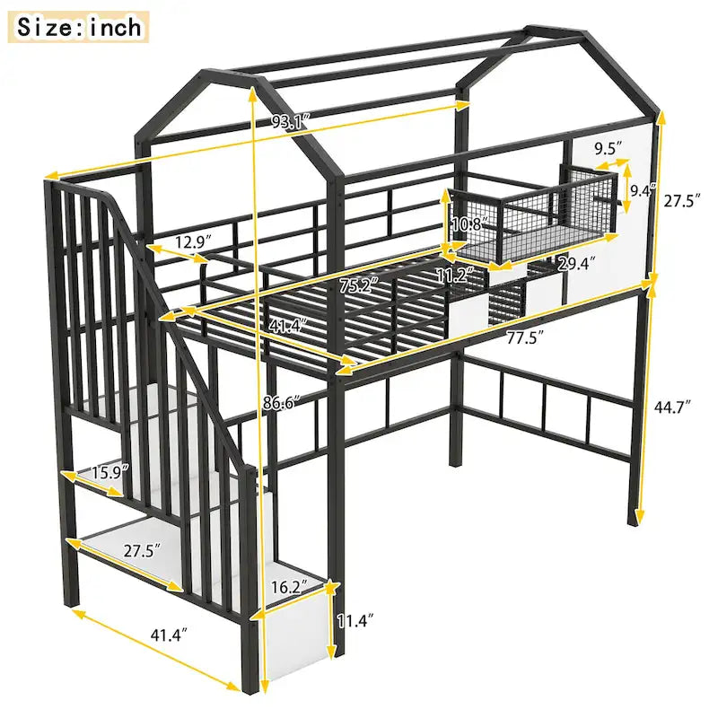 Twin Size Metal Loft Bed w/Roof Design, House Shaped Stairway Bedframe