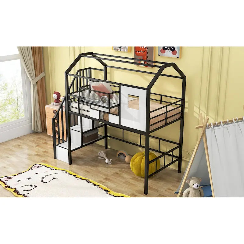 Twin Size Metal Loft Bed w/Roof Design, House Shaped Stairway Bedframe