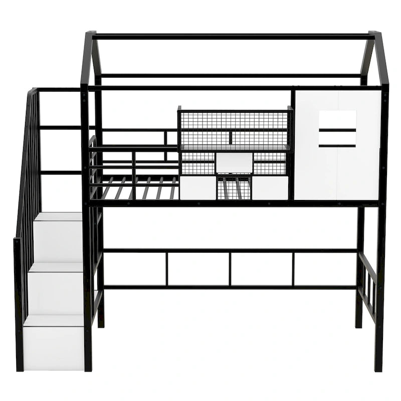 Twin Size Metal Loft Bed w/Roof Design, House Shaped Stairway Bedframe