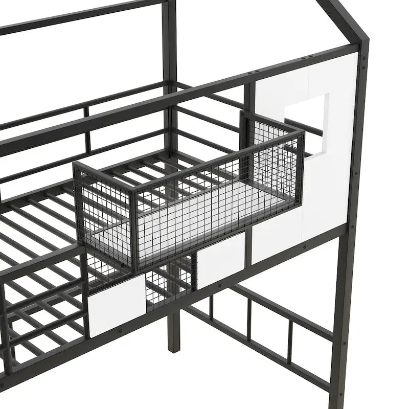 Twin Size Metal Loft Bed w/Roof Design, House Shaped Stairway Bedframe