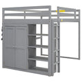 Wood Full Size Loft Bed with Built-in Wardrobe and Storage Shelves