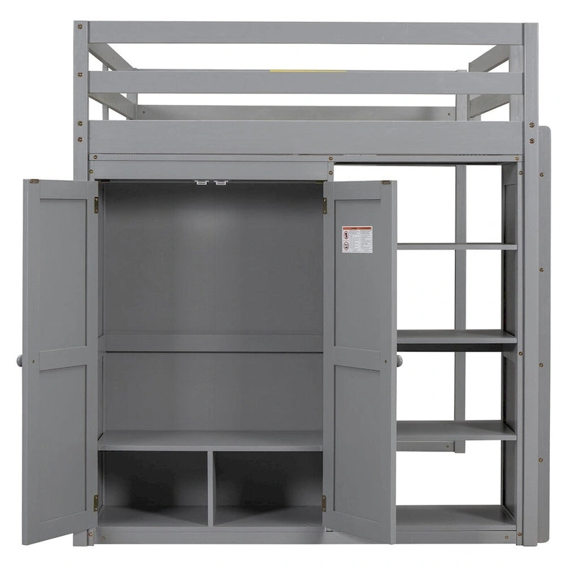 Wood Full Size Loft Bed with Built-in Wardrobe and Storage Shelves