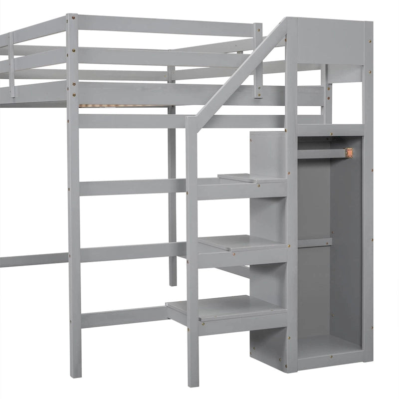 Full Size Loft Bed with Built-in Storage Wardrobe and Staircase