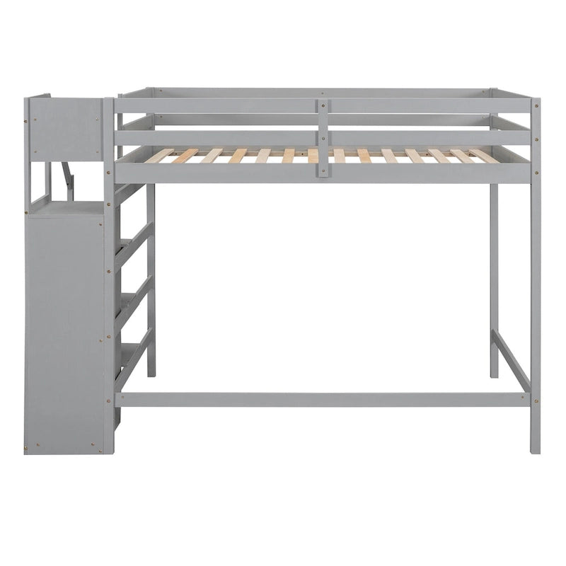 Full Size Loft Bed with Built-in Storage Wardrobe and Staircase