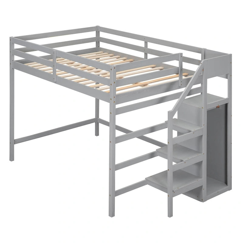 Full Size Loft Bed with Built-in Storage Wardrobe and Staircase
