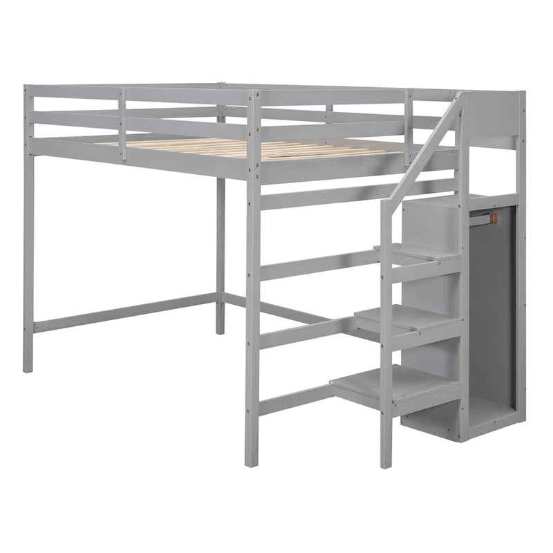 Full Size Loft Bed with Built-in Storage Wardrobe and Staircase