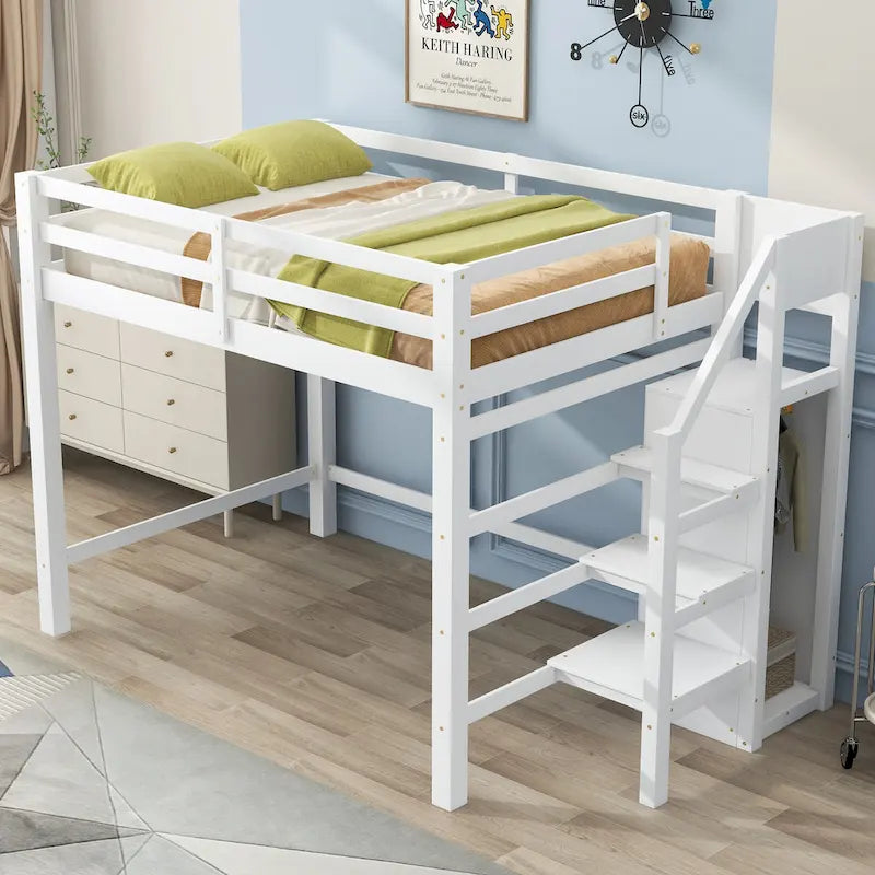 Full Size Loft Bed with Built-in Storage Wardrobe and Staircase
