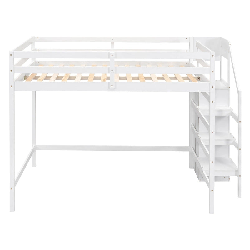 Full Size Loft Bed with Built-in Storage Wardrobe and Staircase