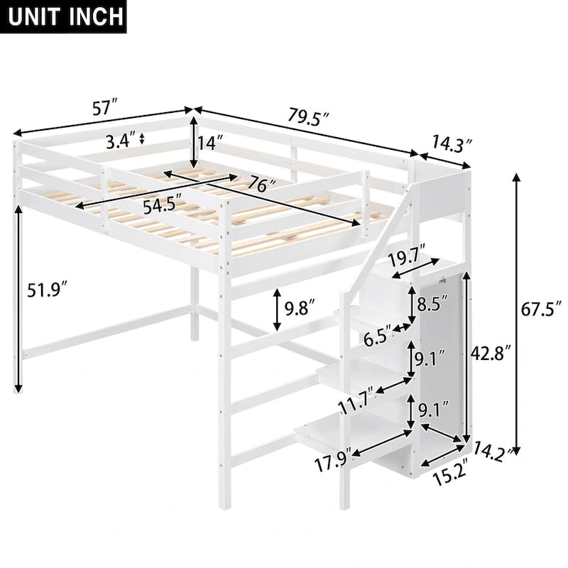 Full Size Loft Bed with Built-in Storage Wardrobe and Staircase