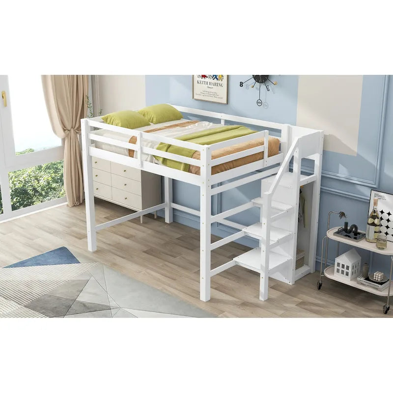 Full Size Loft Bed with Built-in Storage Wardrobe and Staircase