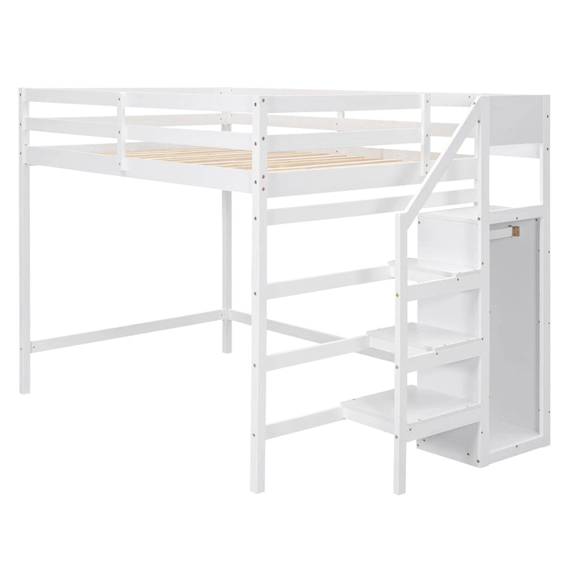 Full Size Loft Bed with Built-in Storage Wardrobe and Staircase