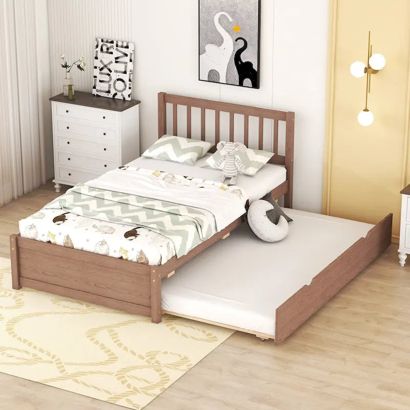 Twin Size Walnut Finished Wood Platform Trundle Bed