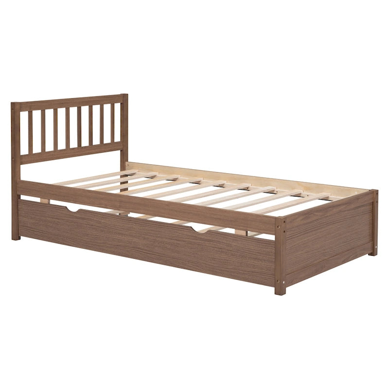 Twin Size Walnut Finished Wood Platform Trundle Bed