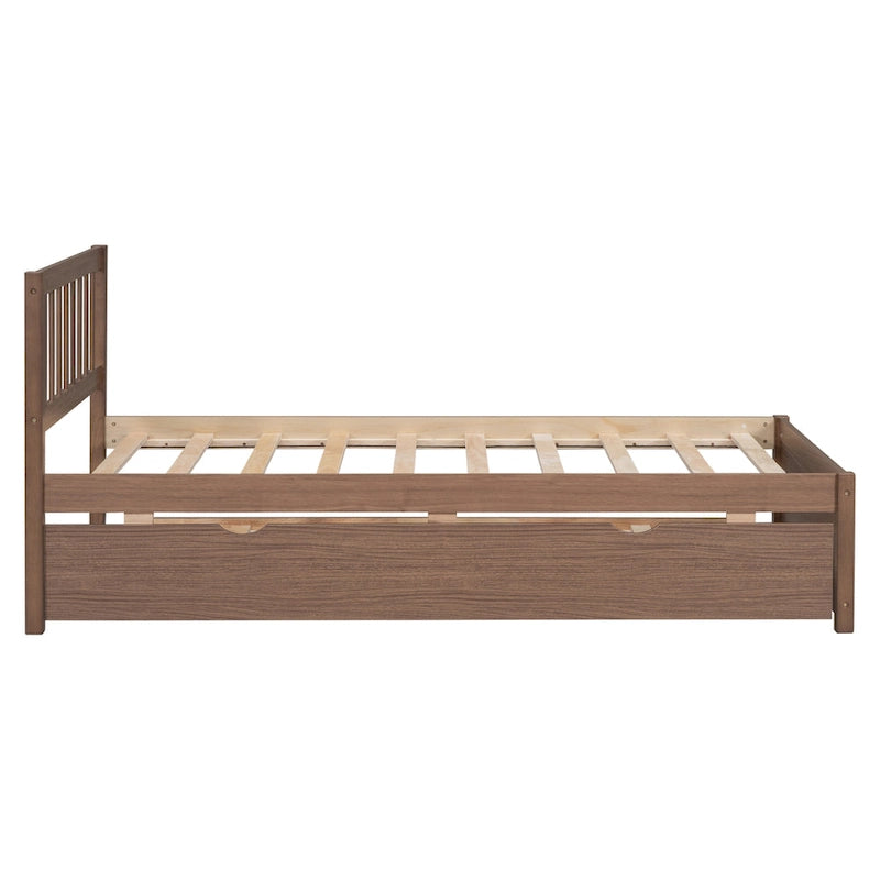 Twin Size Walnut Finished Wood Platform Trundle Bed