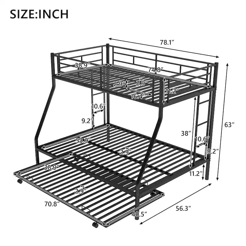 Twin over Full Bed Bunk with Sturdy Steel Frame with Trundle