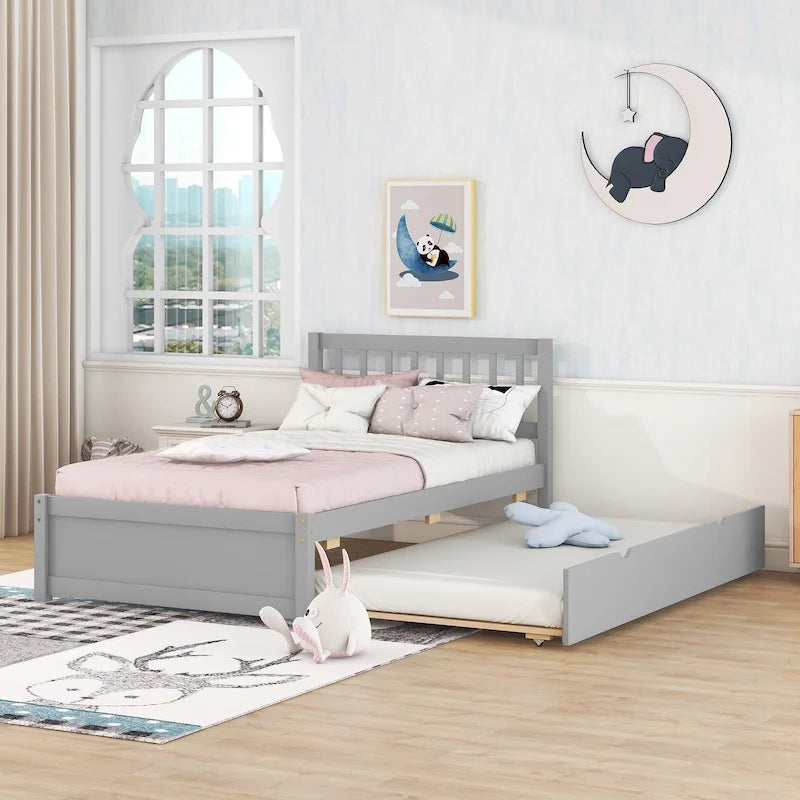 Twin Size Grey Wood Platform Trundle Bed