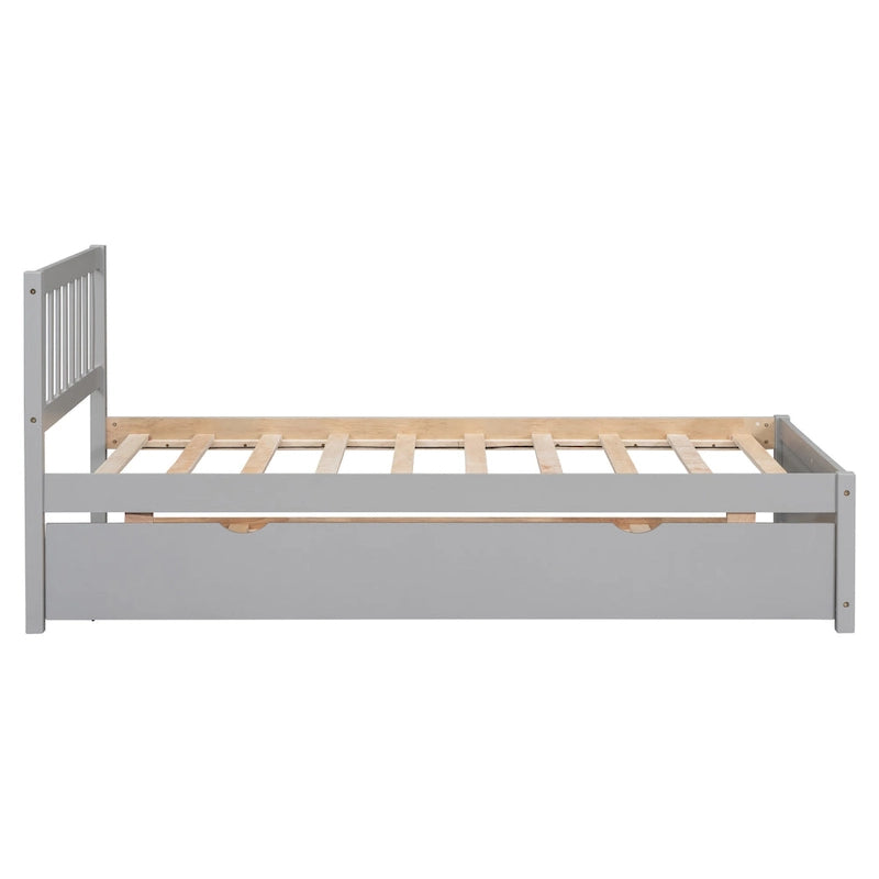 Twin Size Grey Wood Platform Trundle Bed