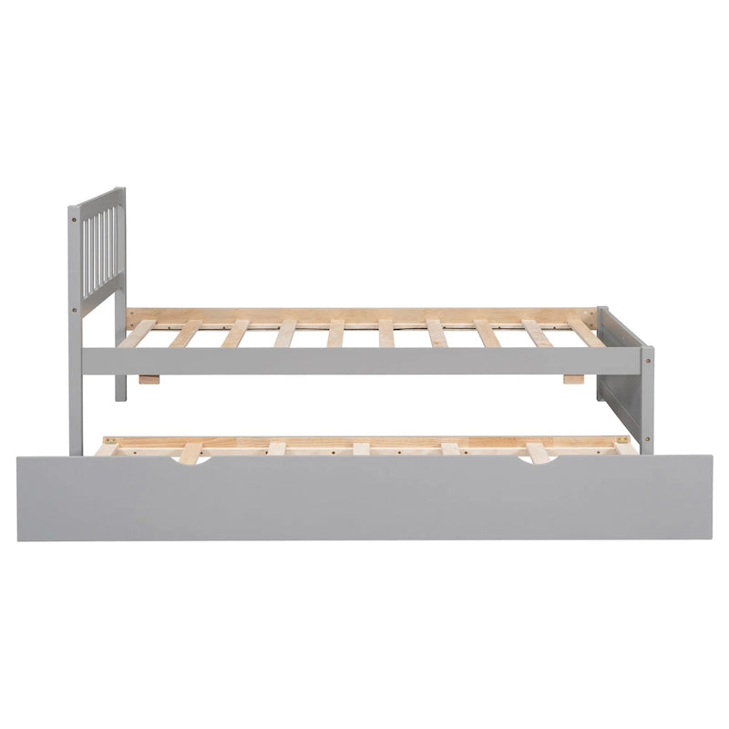 Twin Size Grey Wood Platform Trundle Bed