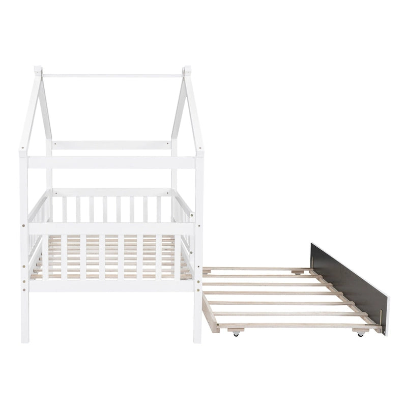 Wooden House Bed with Twin Size Trundle