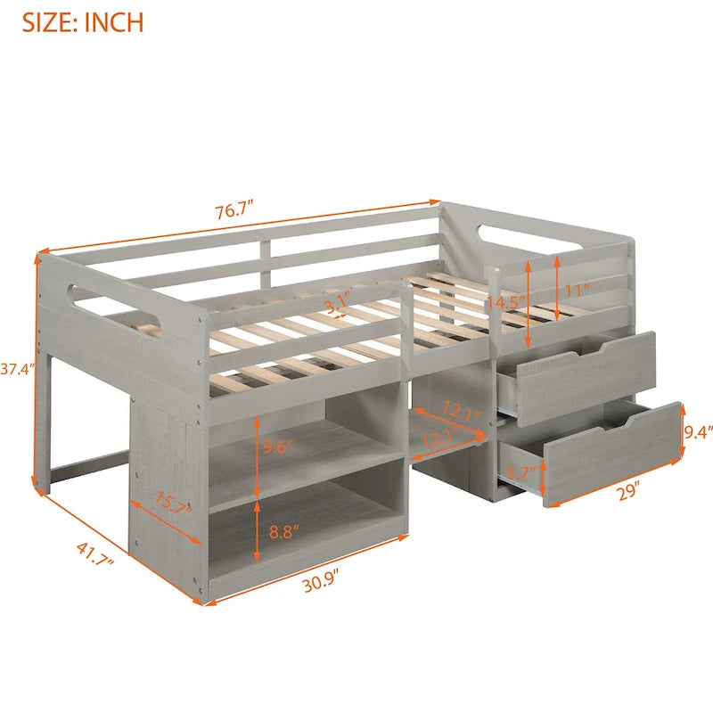 Twin Size Loft Bed with Two Shelves and Two drawers