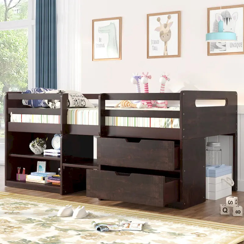 Twin Size Loft Bed with Two Shelves and Two drawers