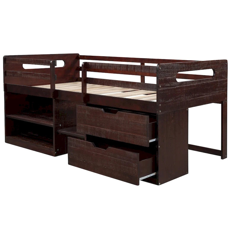 Twin Size Loft Bed with Two Shelves and Two drawers