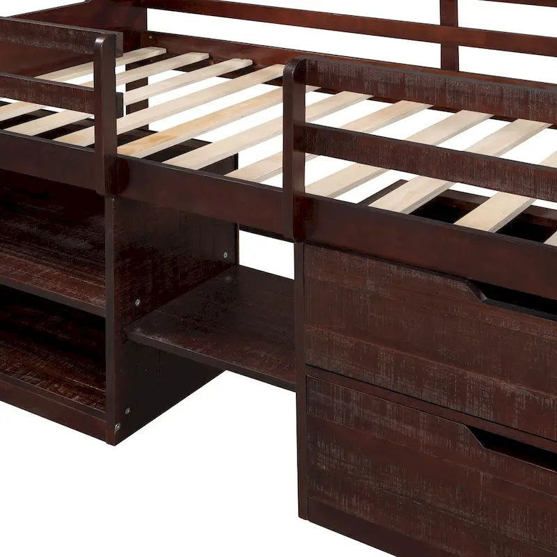 Twin Size Loft Bed with Two Shelves and Two drawers