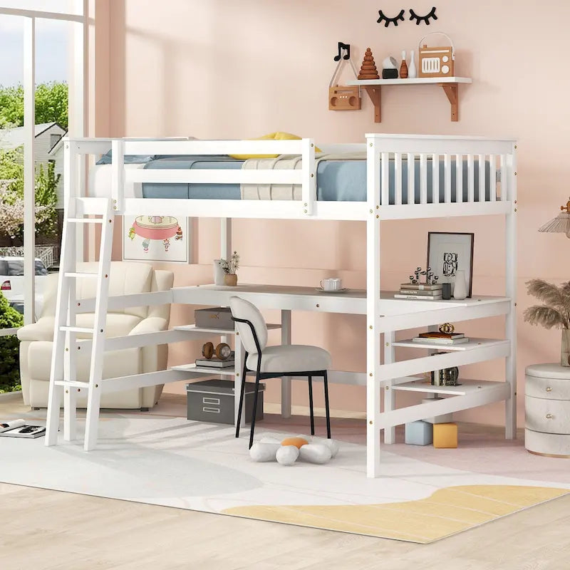 Full Size Loft Bed with Desk and Shelves Wooden Full Loft Bed