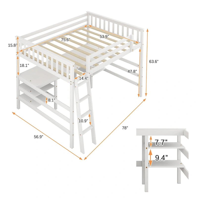Full Size Loft Bed with Desk and Shelves Wooden Full Loft Bed
